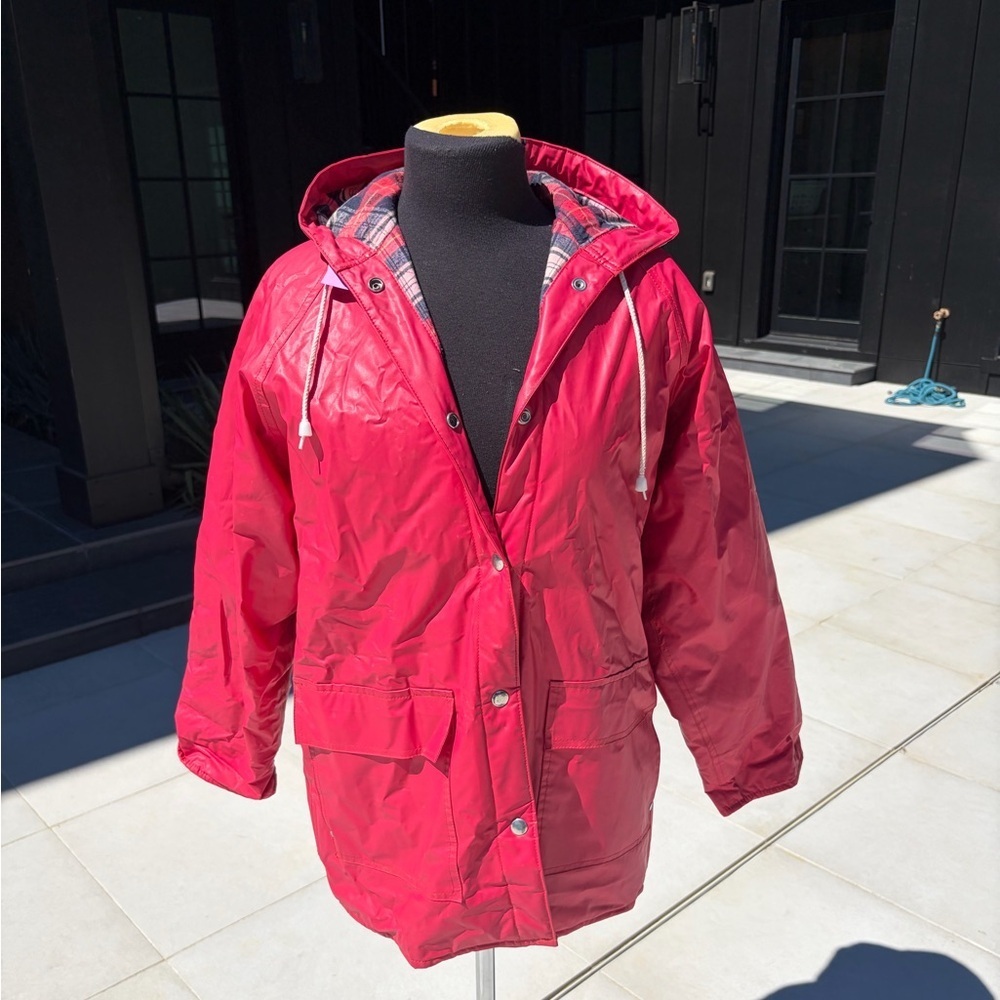 Vintage Misty Harbor Red Slicker Jacket Plaid Lined Hooded Raincoat Small